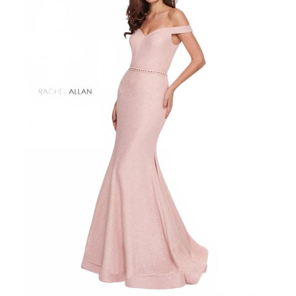 NEW RACHEL ALLAN off shoulder horsehair hem prom gown in blush
